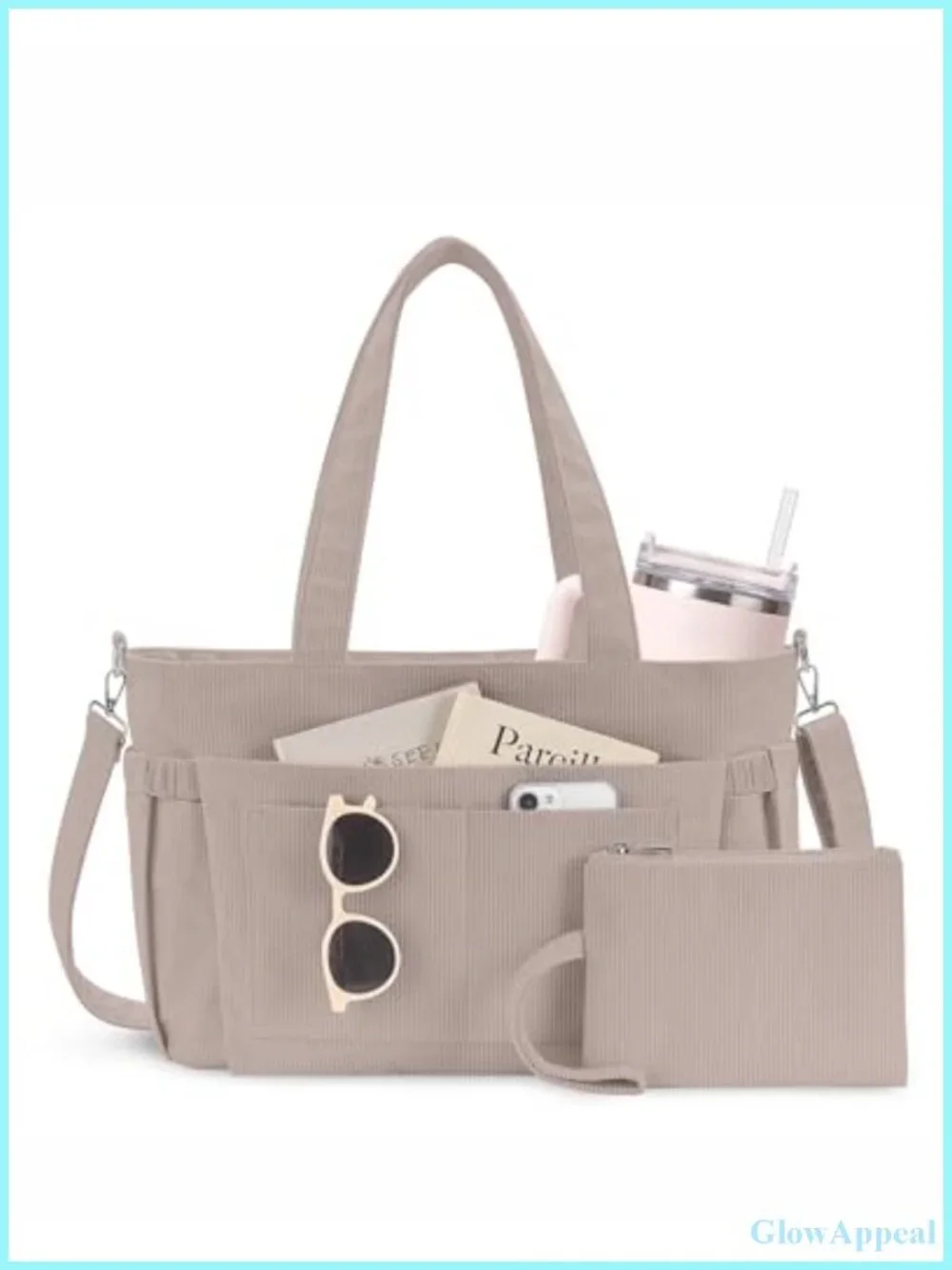 Corduroy Tote Bag with 9 Pockets & 40oz Cup Holder, Laptop Work Purse for